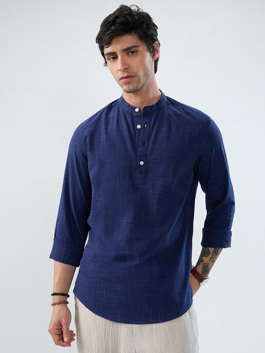 Minimal Night Blue Line Weave Kurta