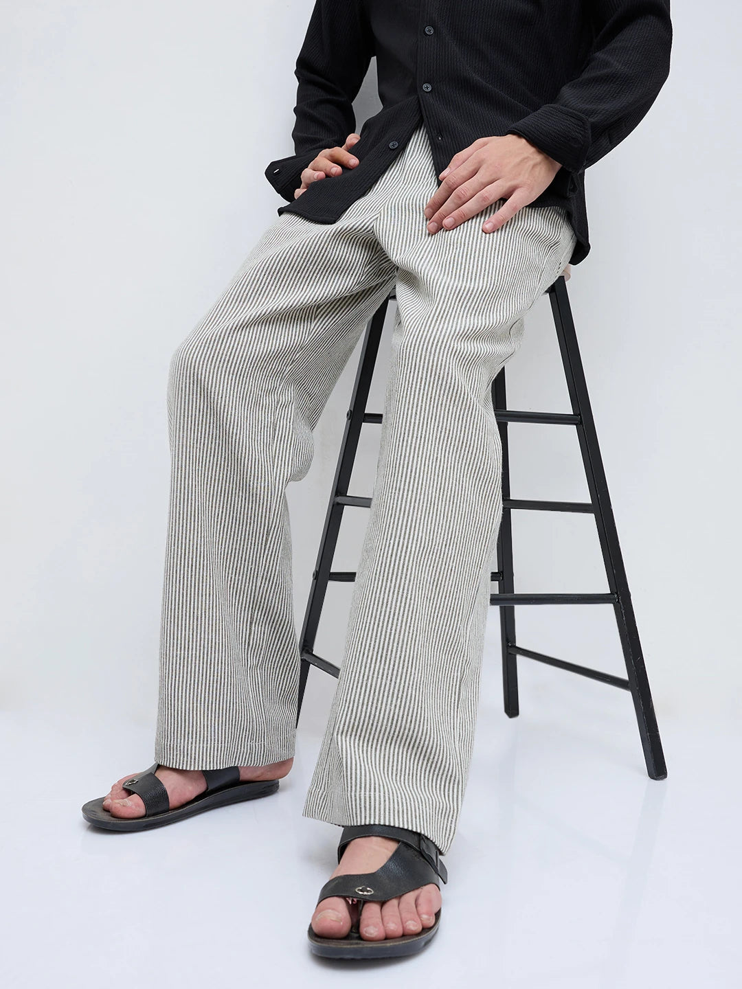 Olive & Off-White Candy Striped Straight Fit Trousers