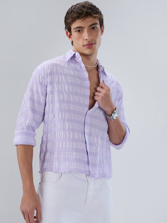 Purple Seersucker Gingham Checks Boxy Fit Crop Shirt