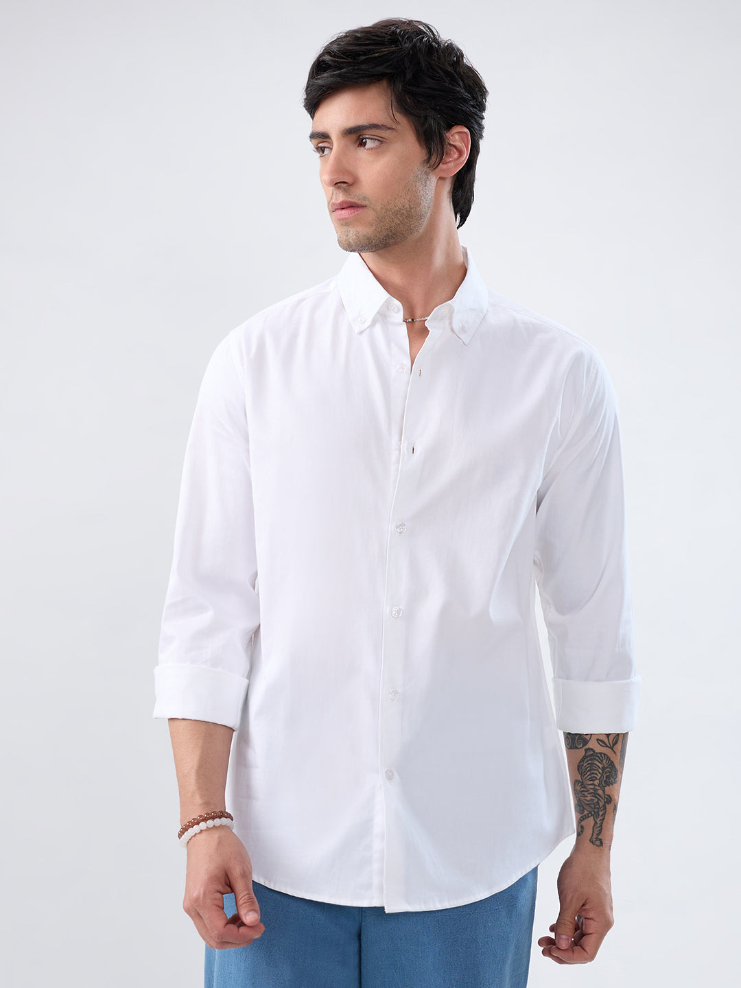 White Satin Button-Down Collar Business Shirt