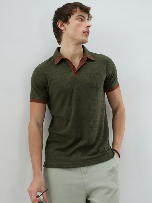 Green Contrast Polo Neck Knit T-shirt
