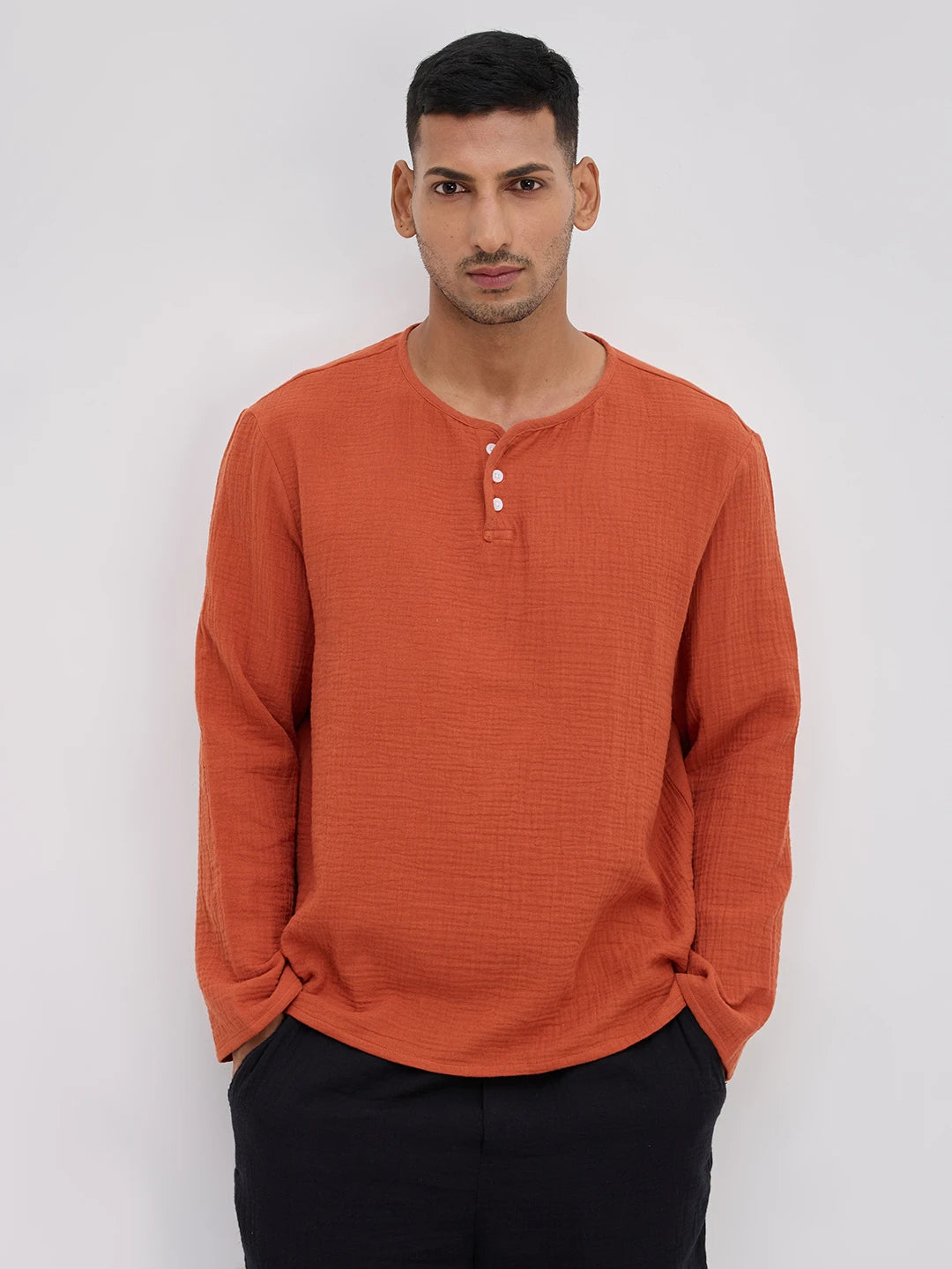Soft Rust Double Cloth Henley Neck Oversized Shirt