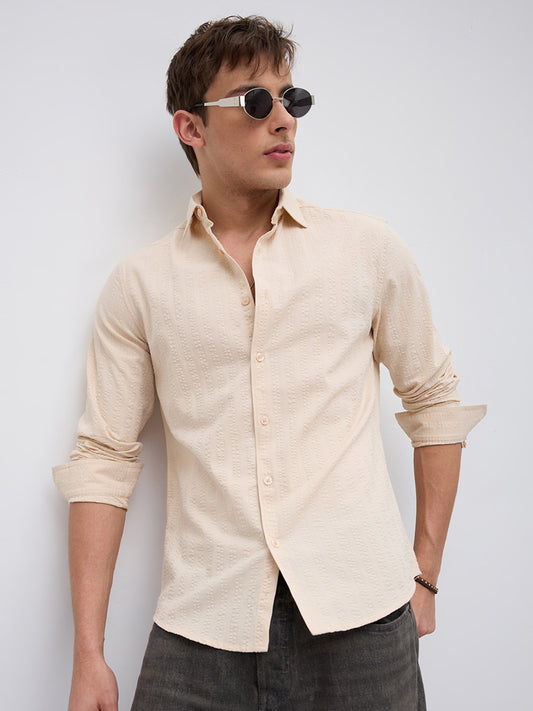Bisque Beige Seersucker Striped Shirt
