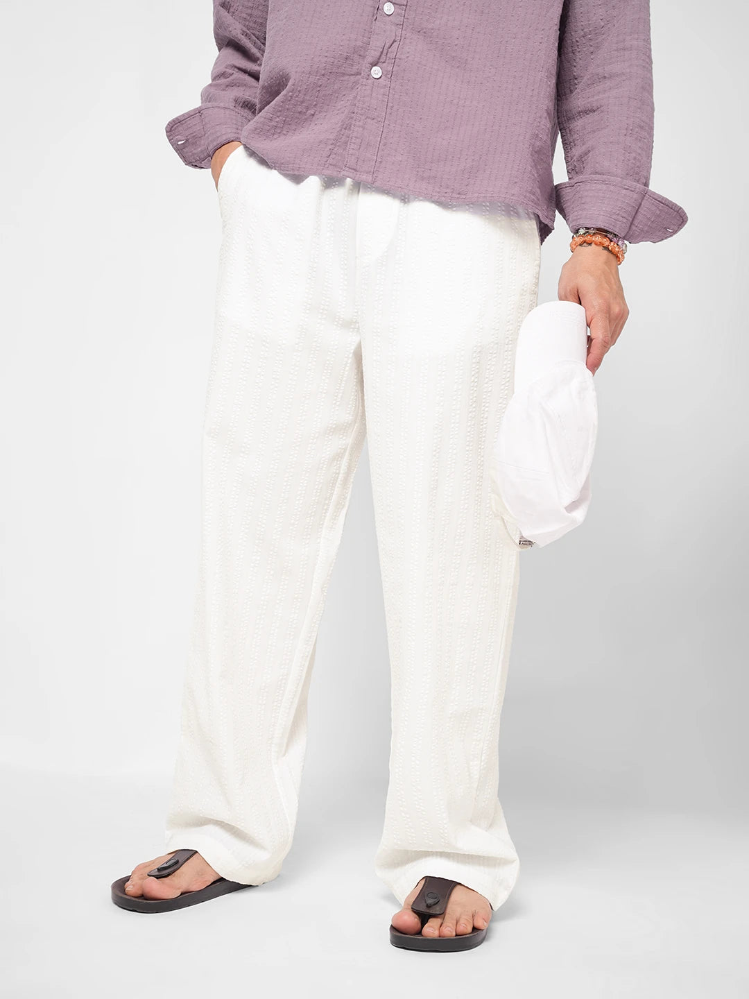 Elite White Seersucker Striped Straight Fit Trousers