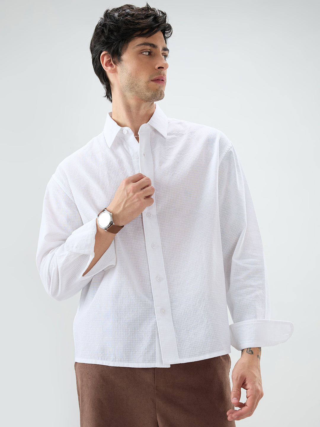Cloud White Sheer Fine Weave Boxy Fit Crop Shirt