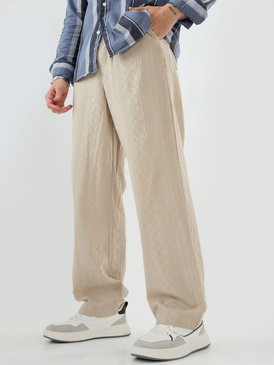 Sand Beige Waffle Textured Straight-Fit Trousers