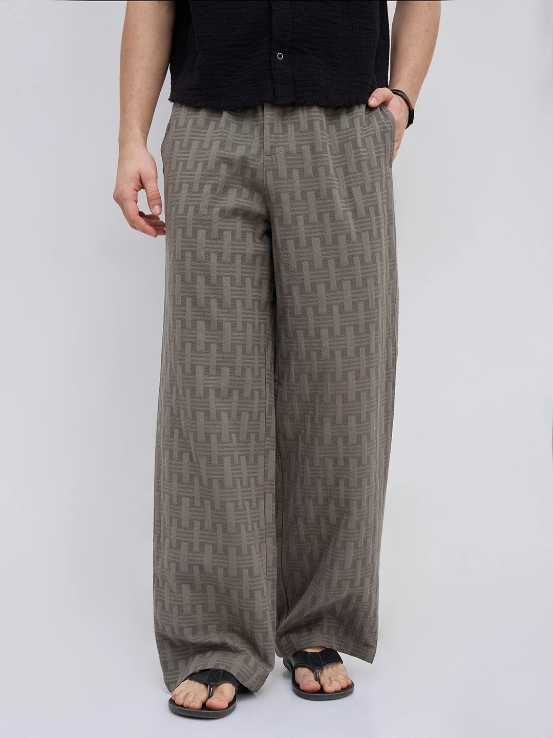 Elevated Grey  Architectural Weave Wide Leg Trousers