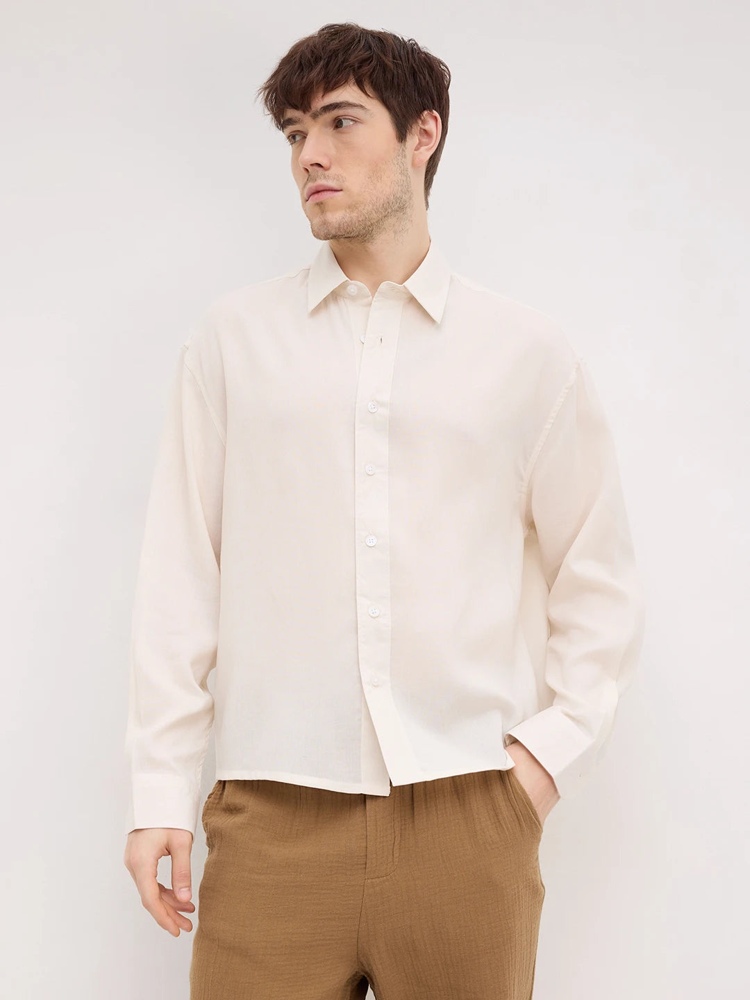 Classic Bisque Beige Boxy Fit Crop Shirt