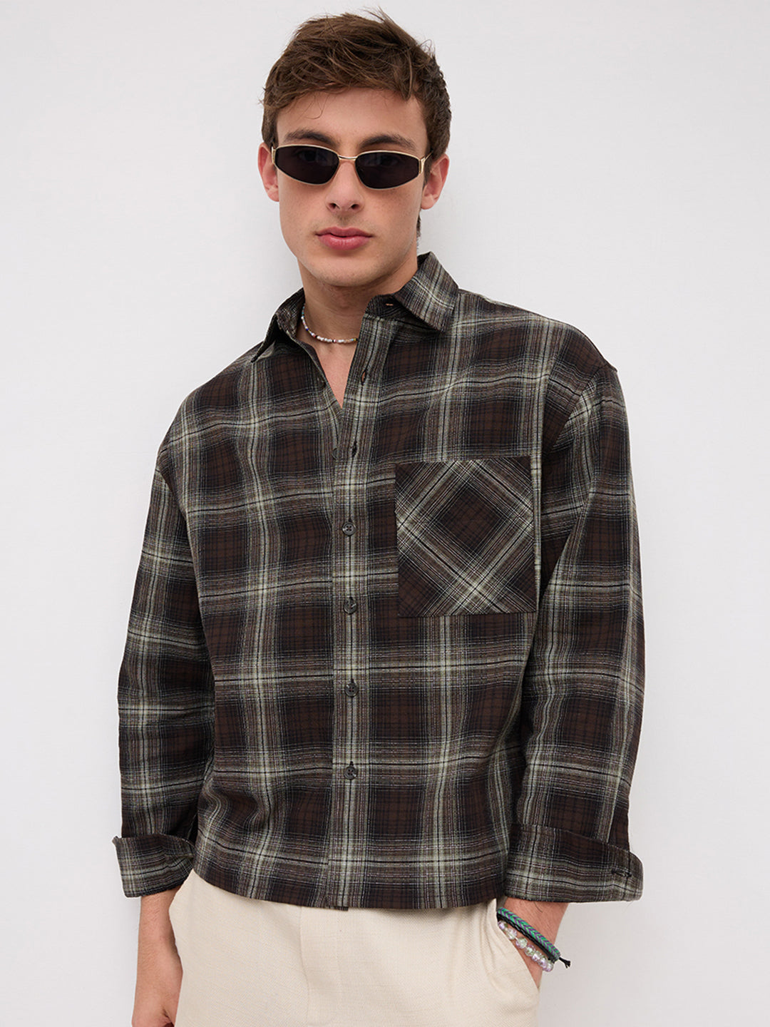 Brown & Mint Green Contrast Fine Checks Boxy Fit Crop Shirt