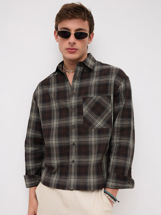 Brown & Mint Green Contrast Fine Checks Boxy Fit Crop Shirt