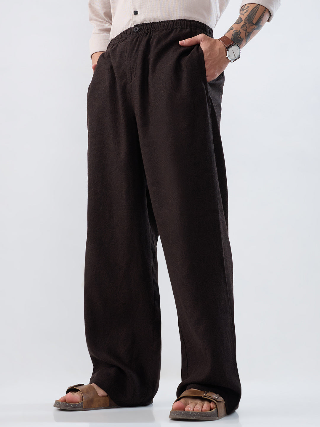 Brown Linen Blend Motif Printed Wide-Leg Trousers