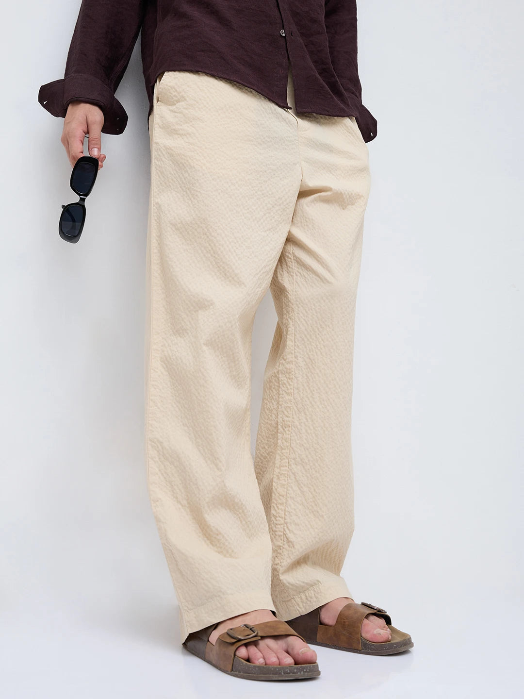 Sand Beige Crinkled Straight Fit Trousers