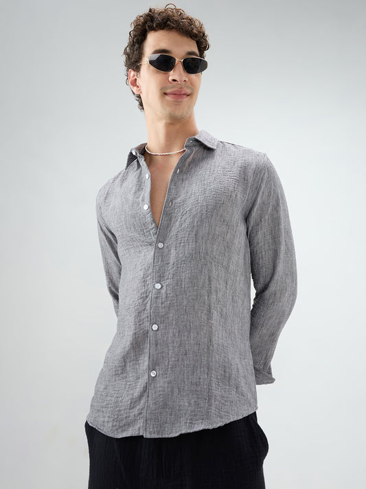 Charcoal Grey Dense-Weave Crinkled Shirt