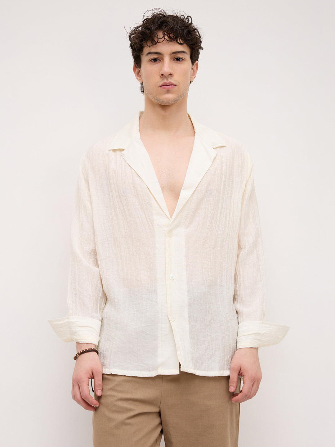 Off- White Pearl Crinkled Resort Collar Oversized Shirt