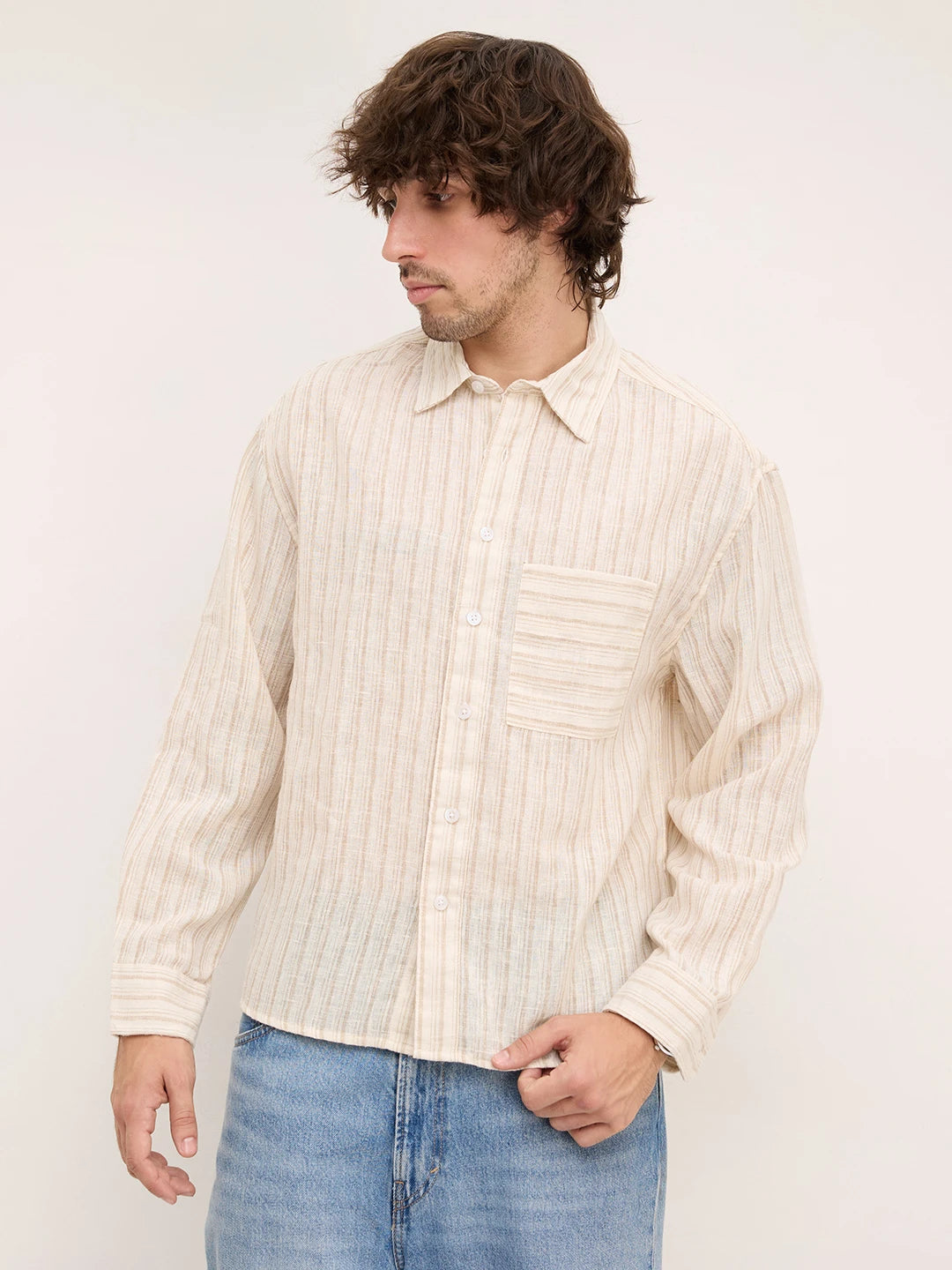 Off White Beige and Brown Striped Boxy Fit Crop Shirt