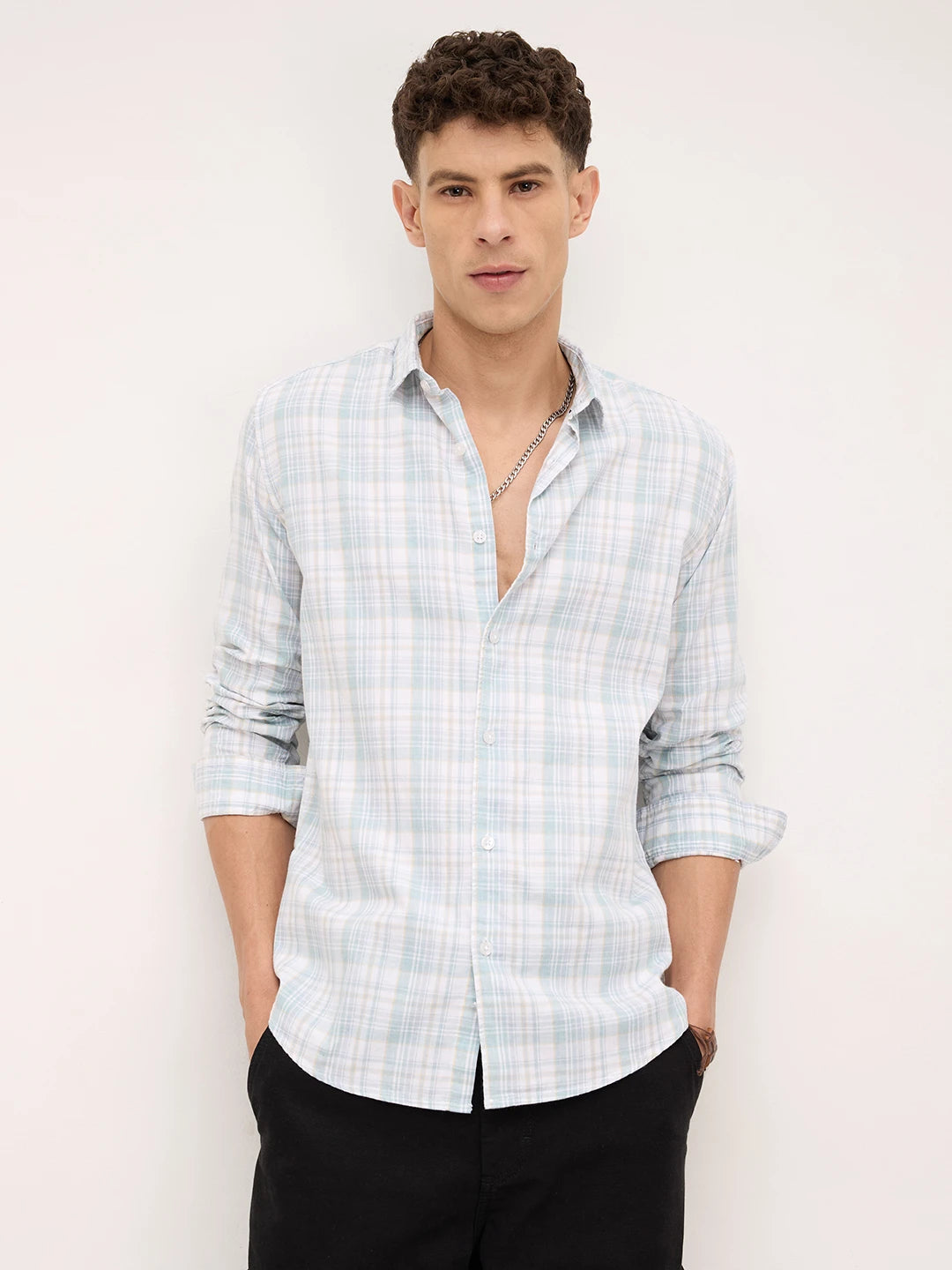 Washed Sage Green Fine Line Grid Checks Shirt