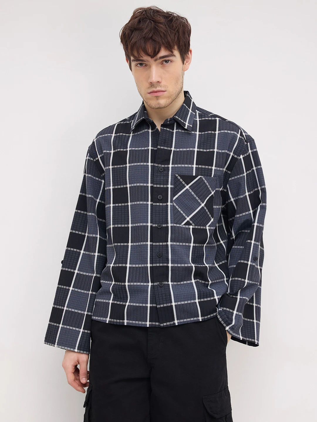 Refined Monochrome Plaid Textured Cuffless Oversized Crop Shirt