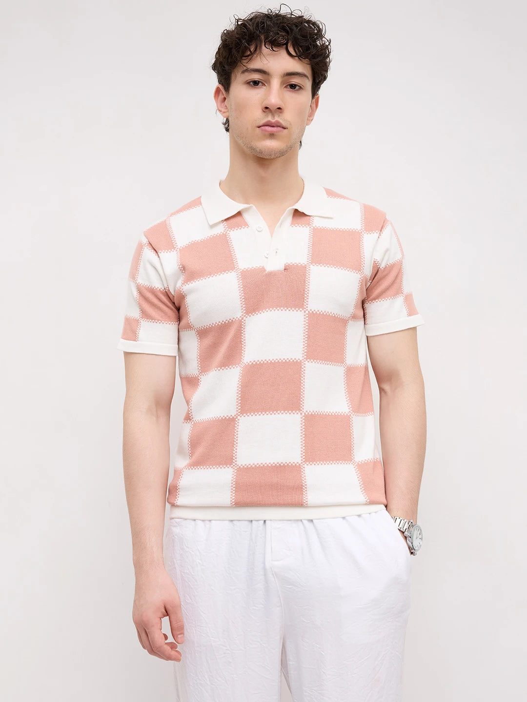 Scalloped Soft Peach Block Checks Polo Flat Knit T-shirt