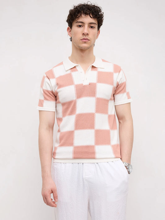 Scalloped Soft Peach Block Checks Polo Flat Knit T-shirt