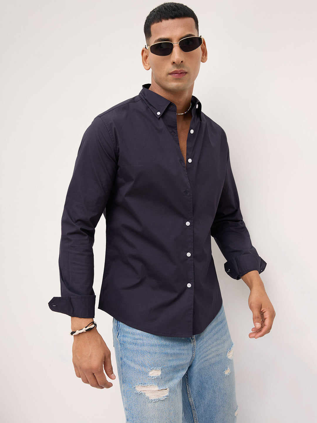 Navy Button-Down Collar Business Shirt