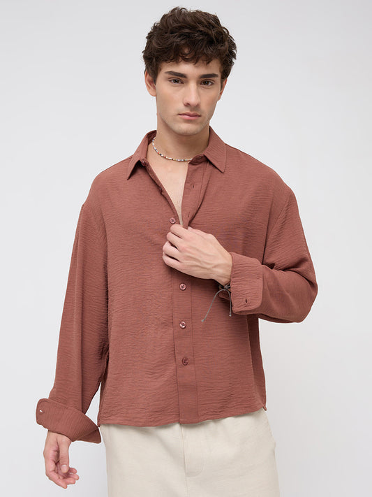 Russet Brown Crinkled Boxy Fit Crop Shirt