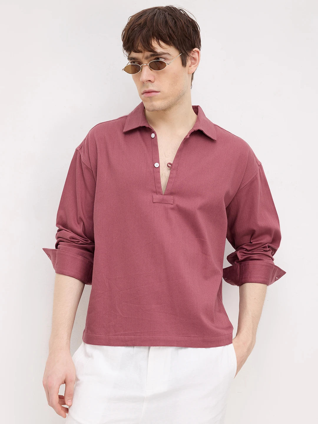 Dusty Rose Diagonal Textured Loop Button Oversized Shirt