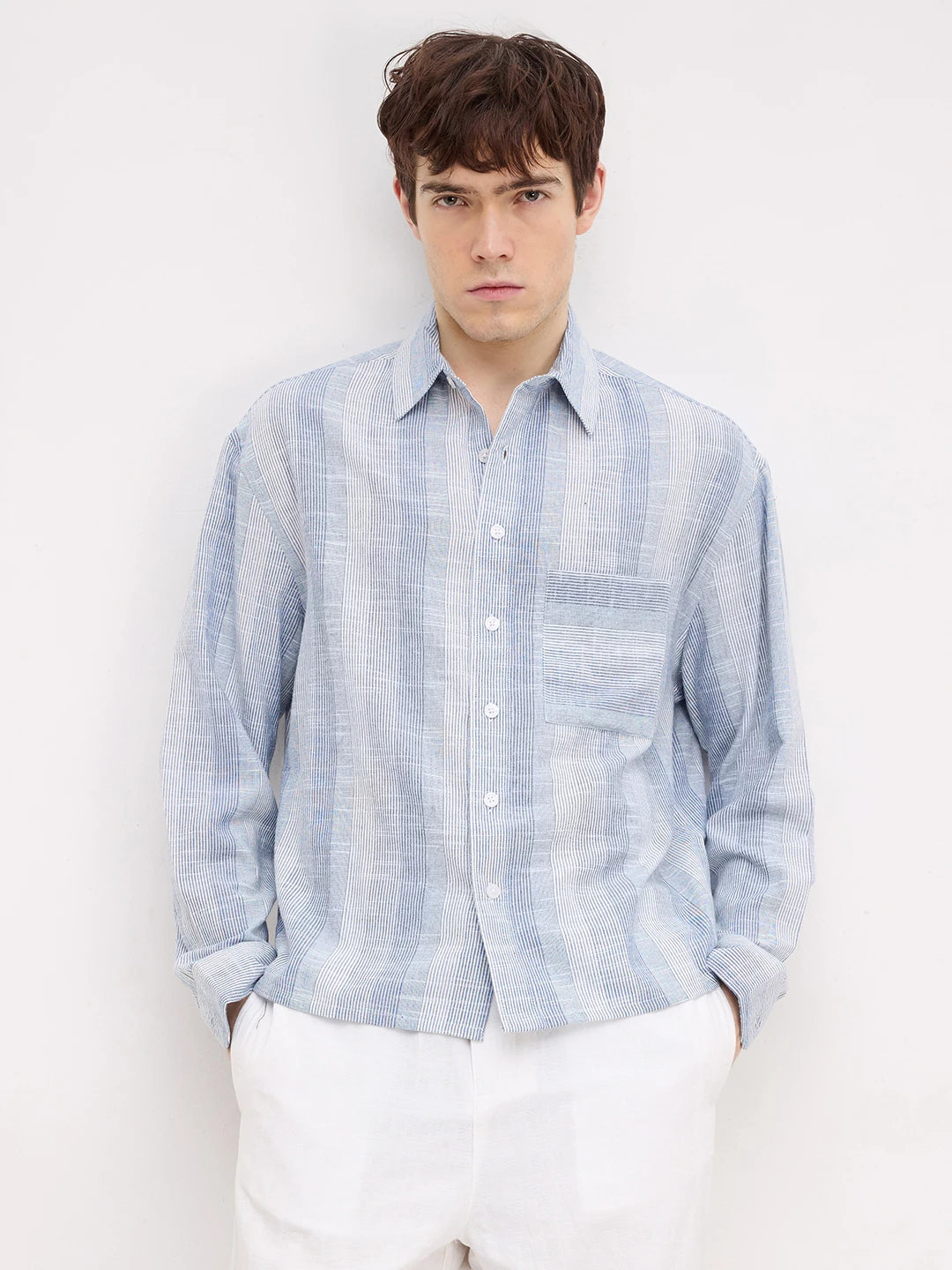 Blue Rhythmic Weave Striped Boxy Fit Crop Shirt