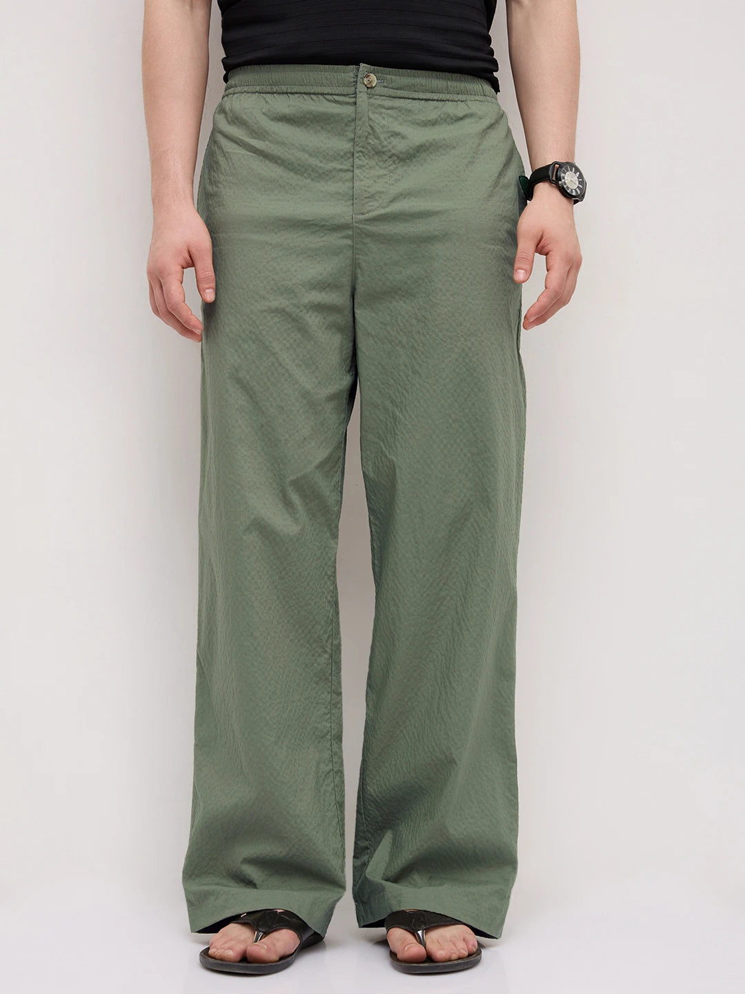 Sage Green Fine Textured Wide Leg Trousers