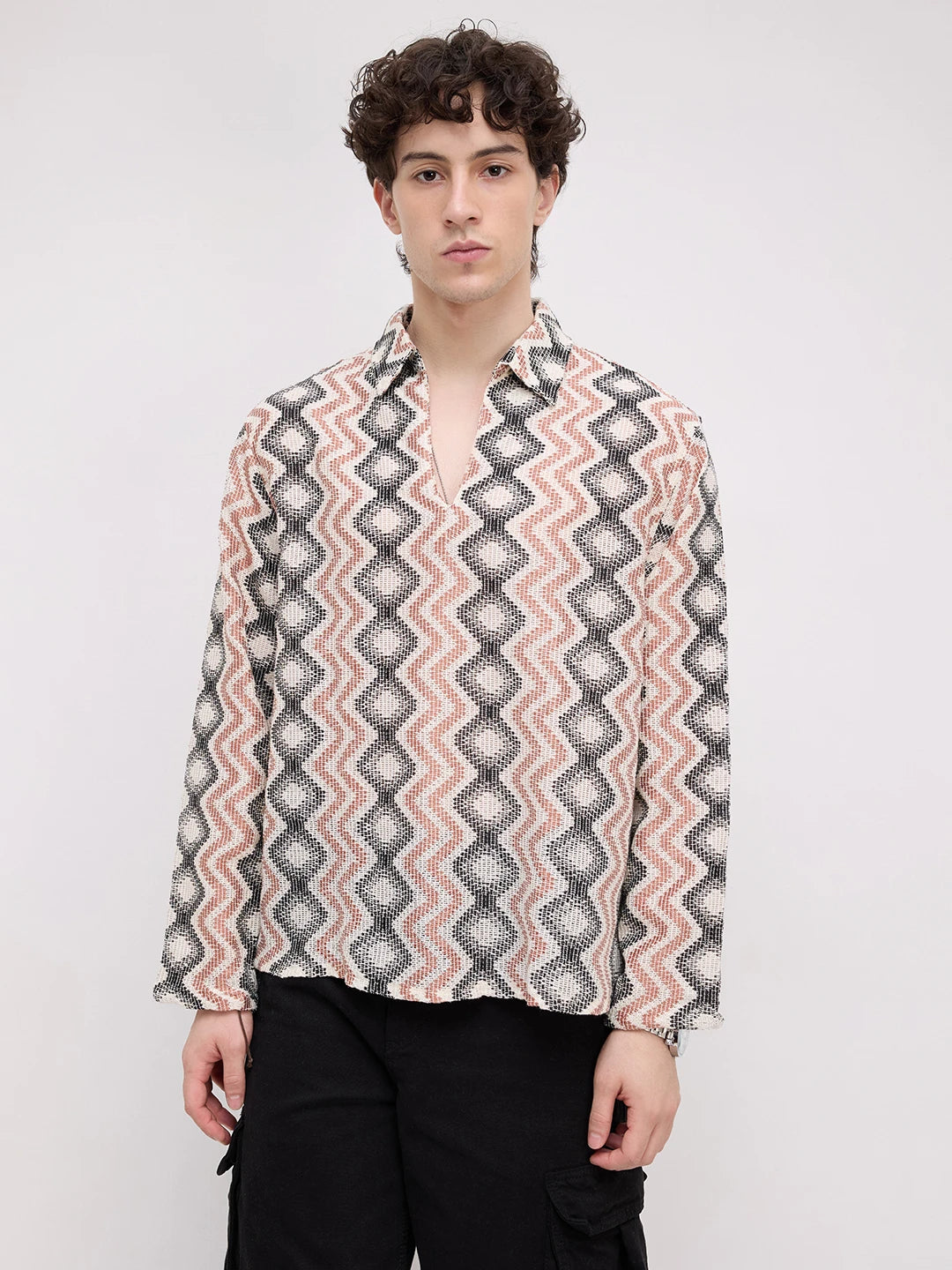 Retro Drift Chevron Striped Crochet Polo Oversized Shirt
