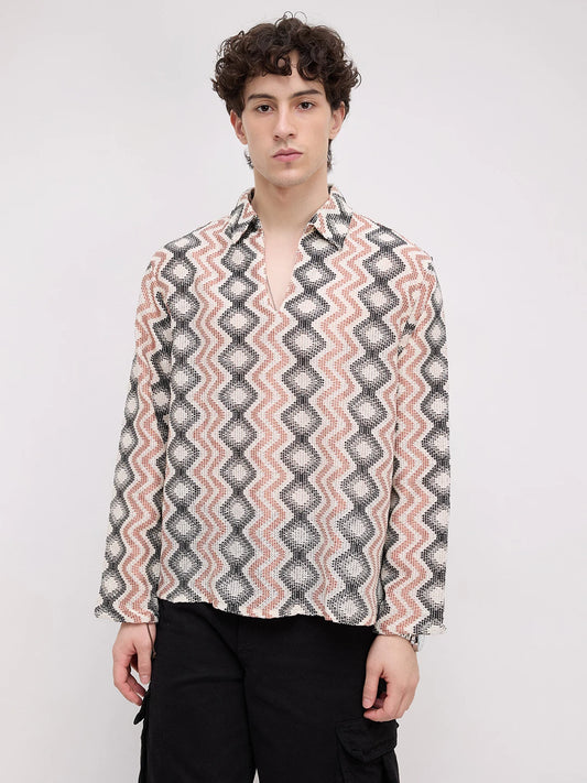 Retro Drift Chevron Striped Crochet Polo Oversized Shirt