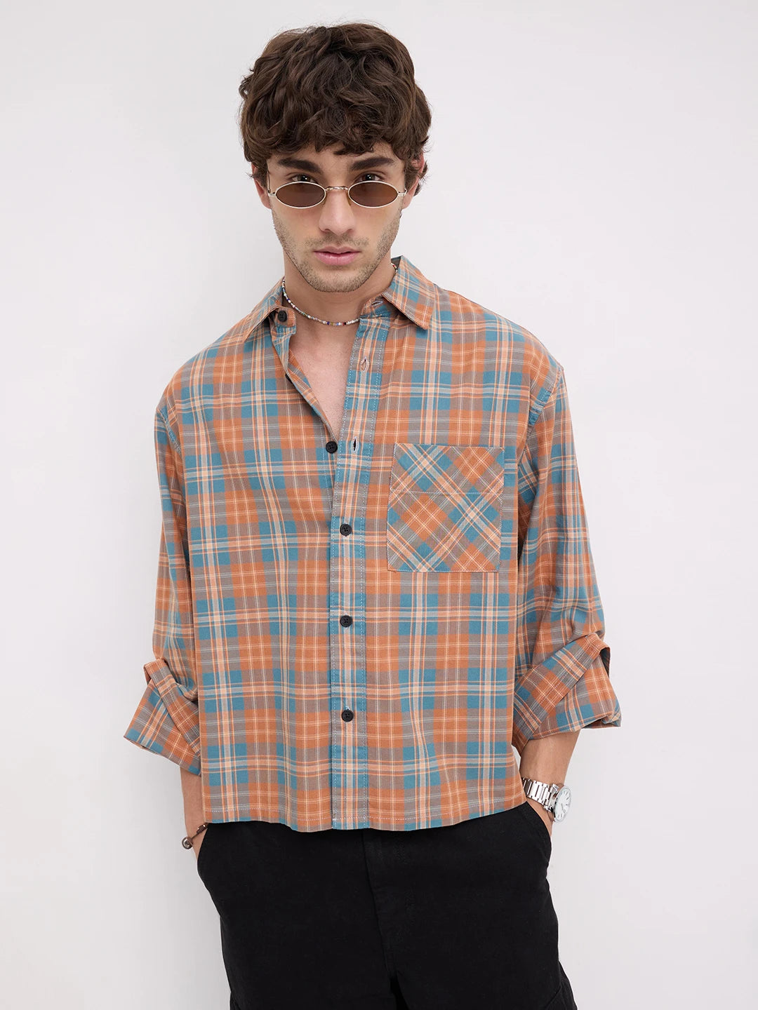 Warm Denim Clay Plaid Checks Cuffless Oversized Crop Shirt
