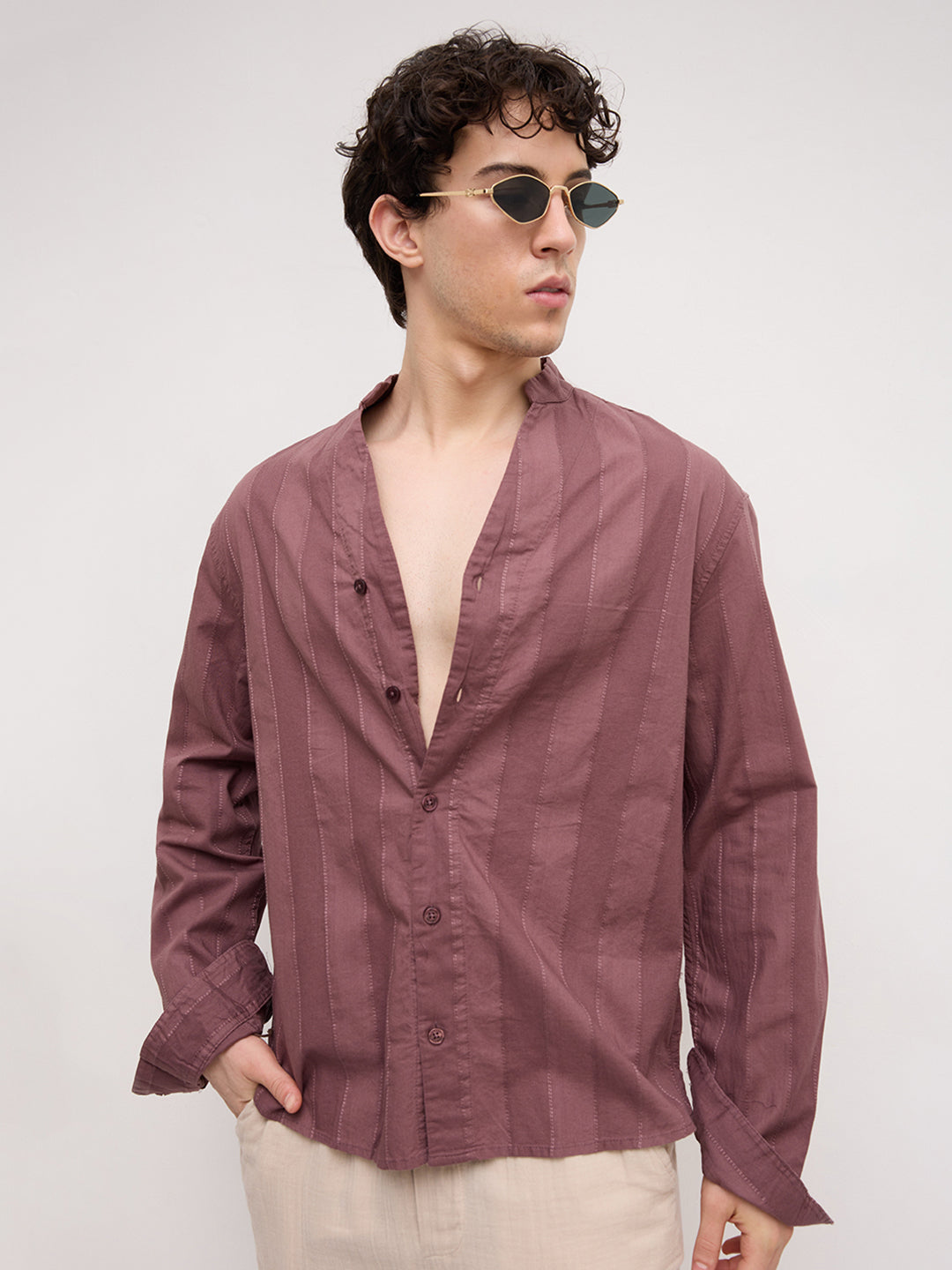 Deep Mauve Panel Textured Stand Collar Oversized Shirt