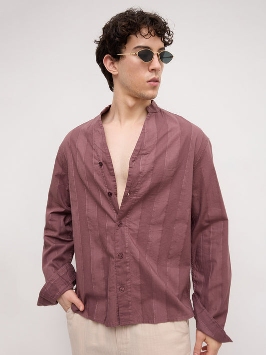 Deep Mauve Panel Textured Stand Collar Oversized Shirt