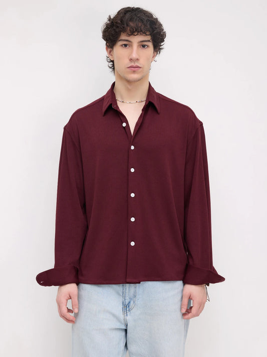 Rich Maroon Fine Textured Knitted Boxy Fit Crop Shirt