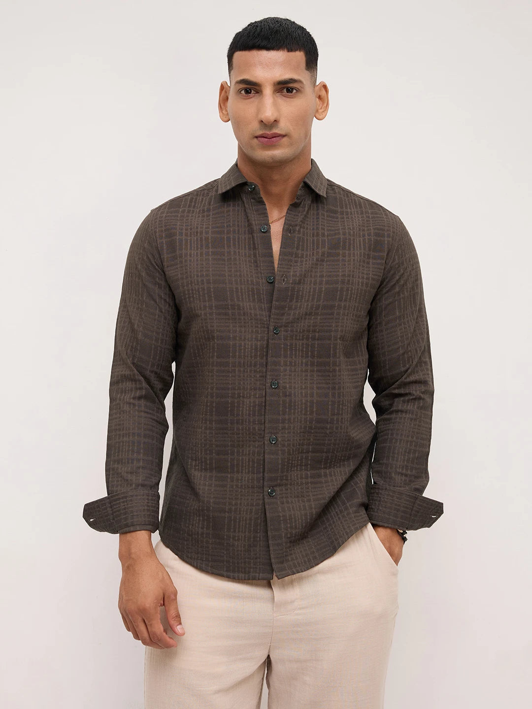 Coffee Brown Ledger Checks Double Cloth Shirt