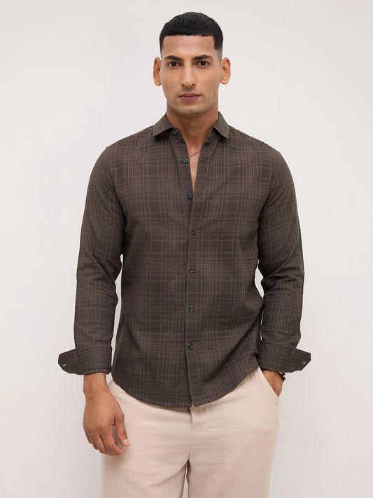 Coffee Brown Ledger Checks Double Cloth Shirt
