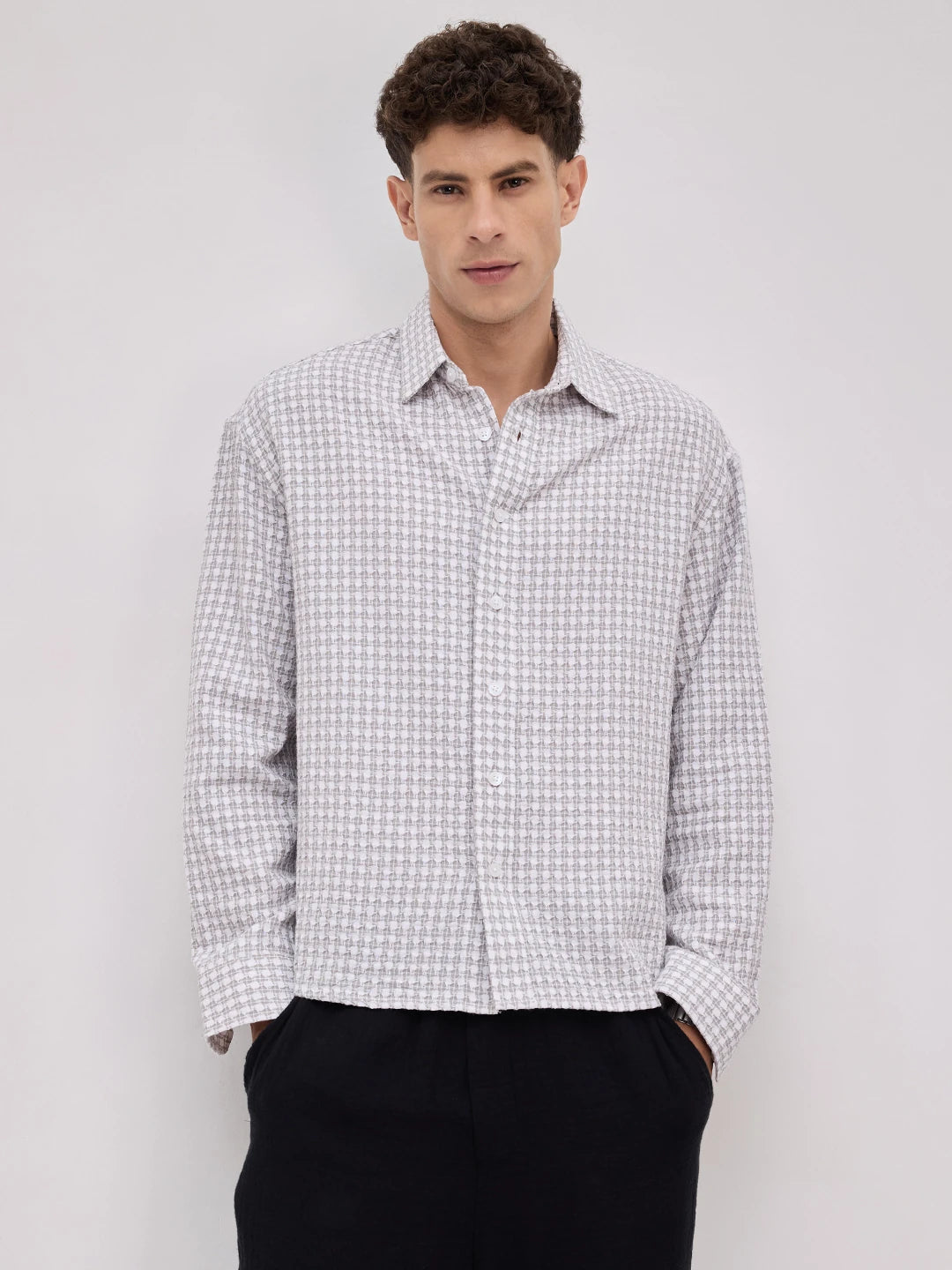Glacier Grey Mosaic Textured Boxy Fit Crop Shirt
