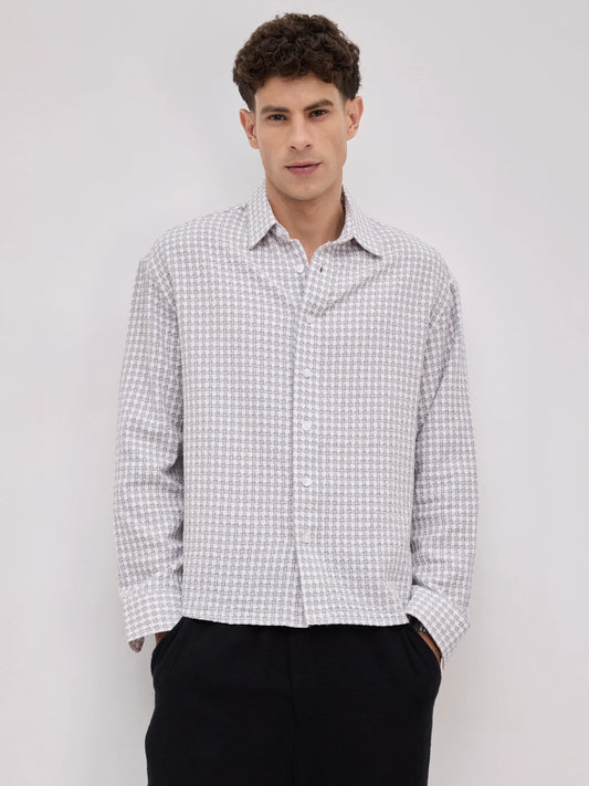 Glacier Grey Mosaic Textured Boxy Fit Crop Shirt