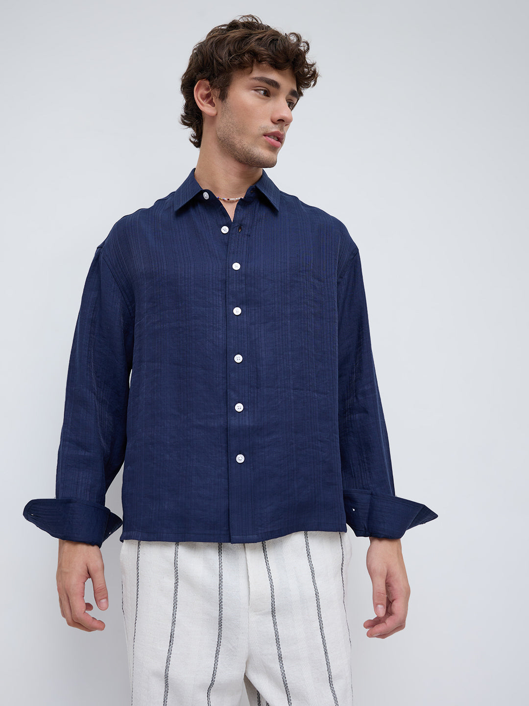 Lustre Navy Striped Weave Boxy Fit Crop Shirt