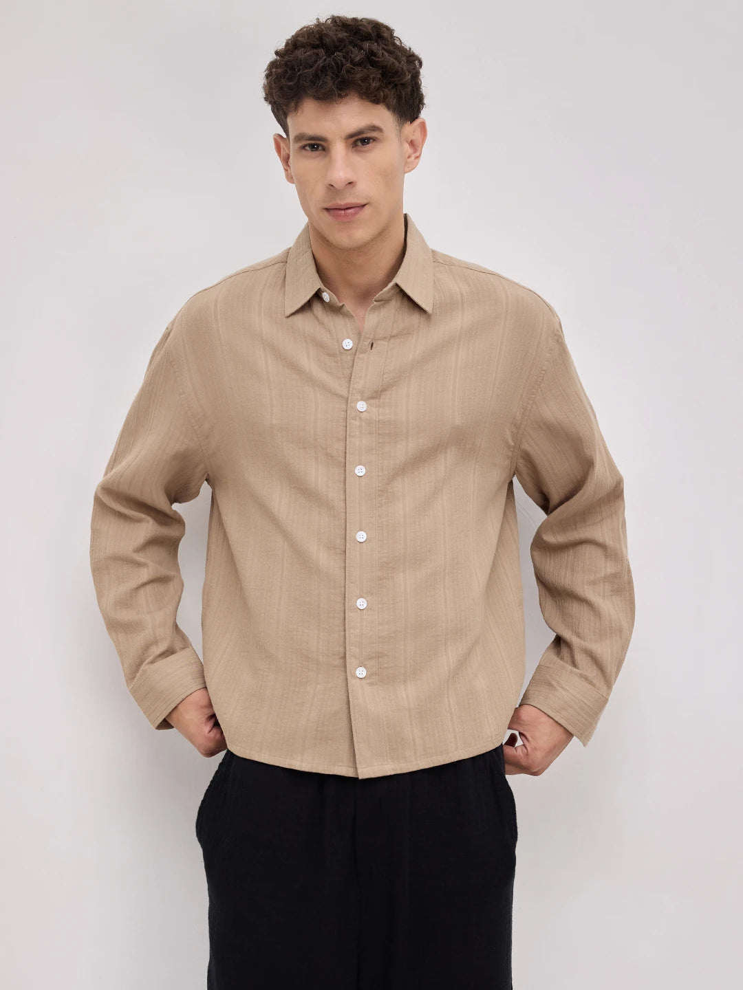 Warm Tan Double Cloth Seersucker Striped Boxy Fit Crop Shirt