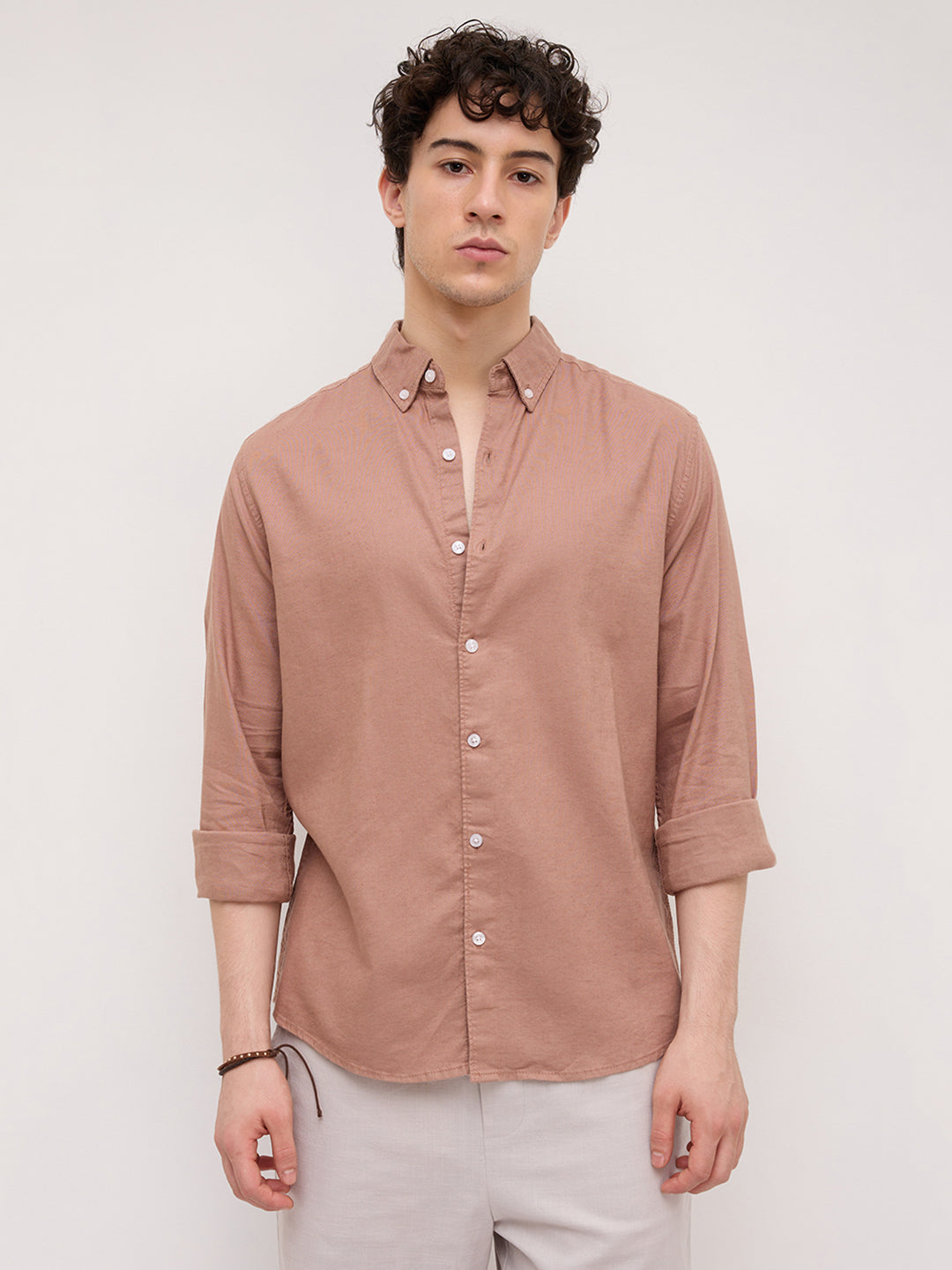 Creamy Coral Peach Button-Down Collar Linen Blend Business Shirt