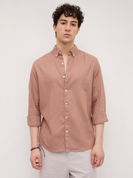 Creamy Coral Peach Button-Down Collar Linen Blend Business Shirt