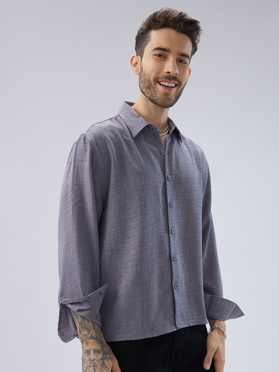 Pebble Grey Slub Textured Side-Slit Button Oversized Crop Shirt