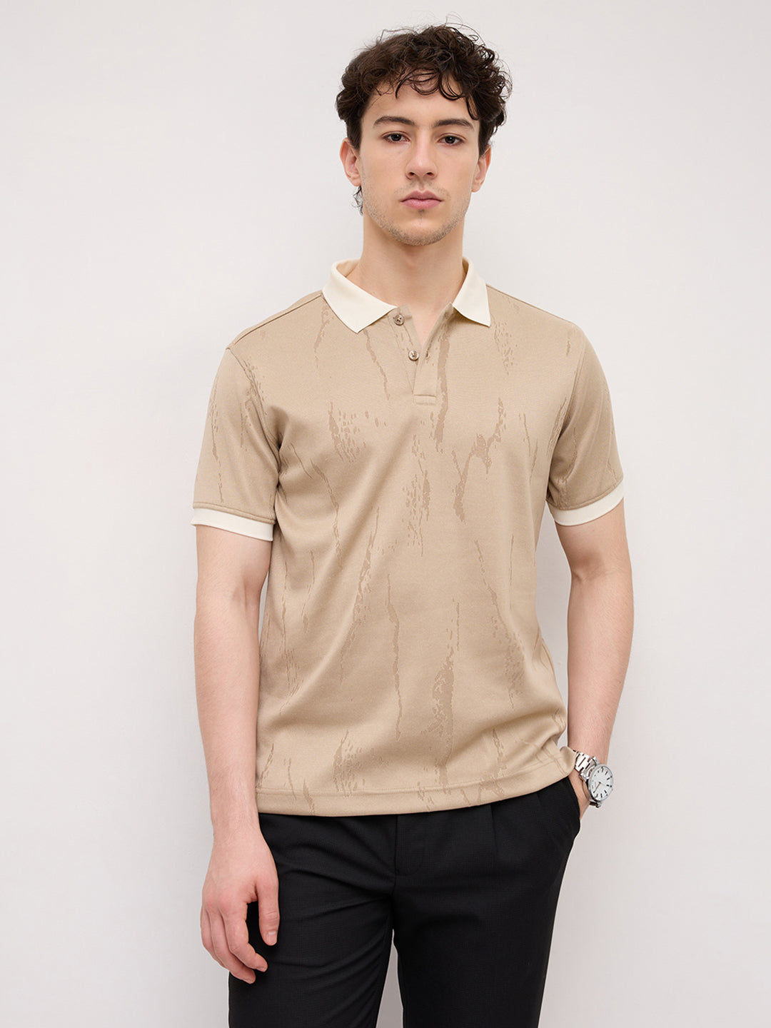 Intricate Beige Textured Contrast Polo Knit T-Shirt