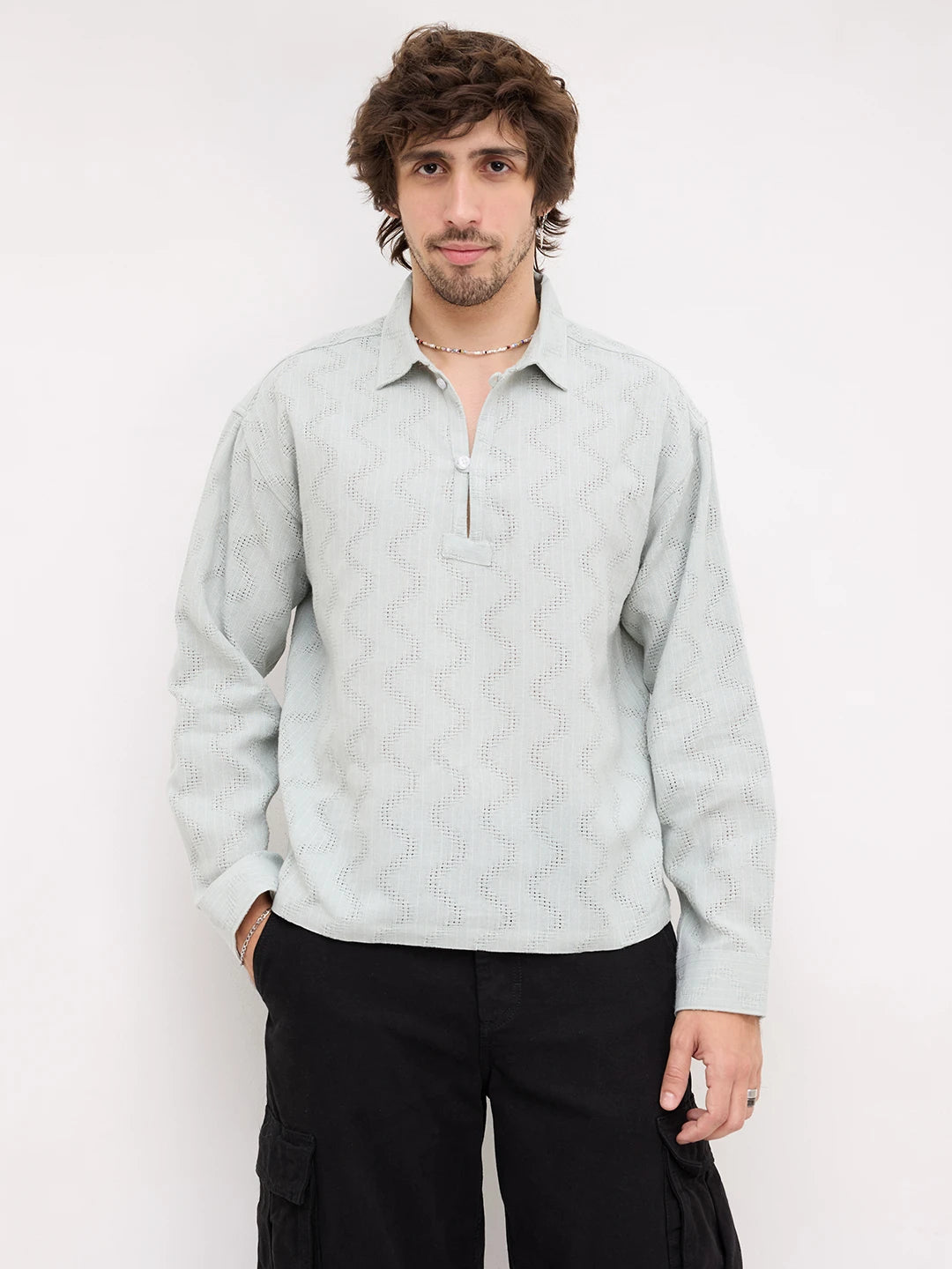 Tea Green Intricate Crossweave Jacquard Loop Button Oversized Shirt