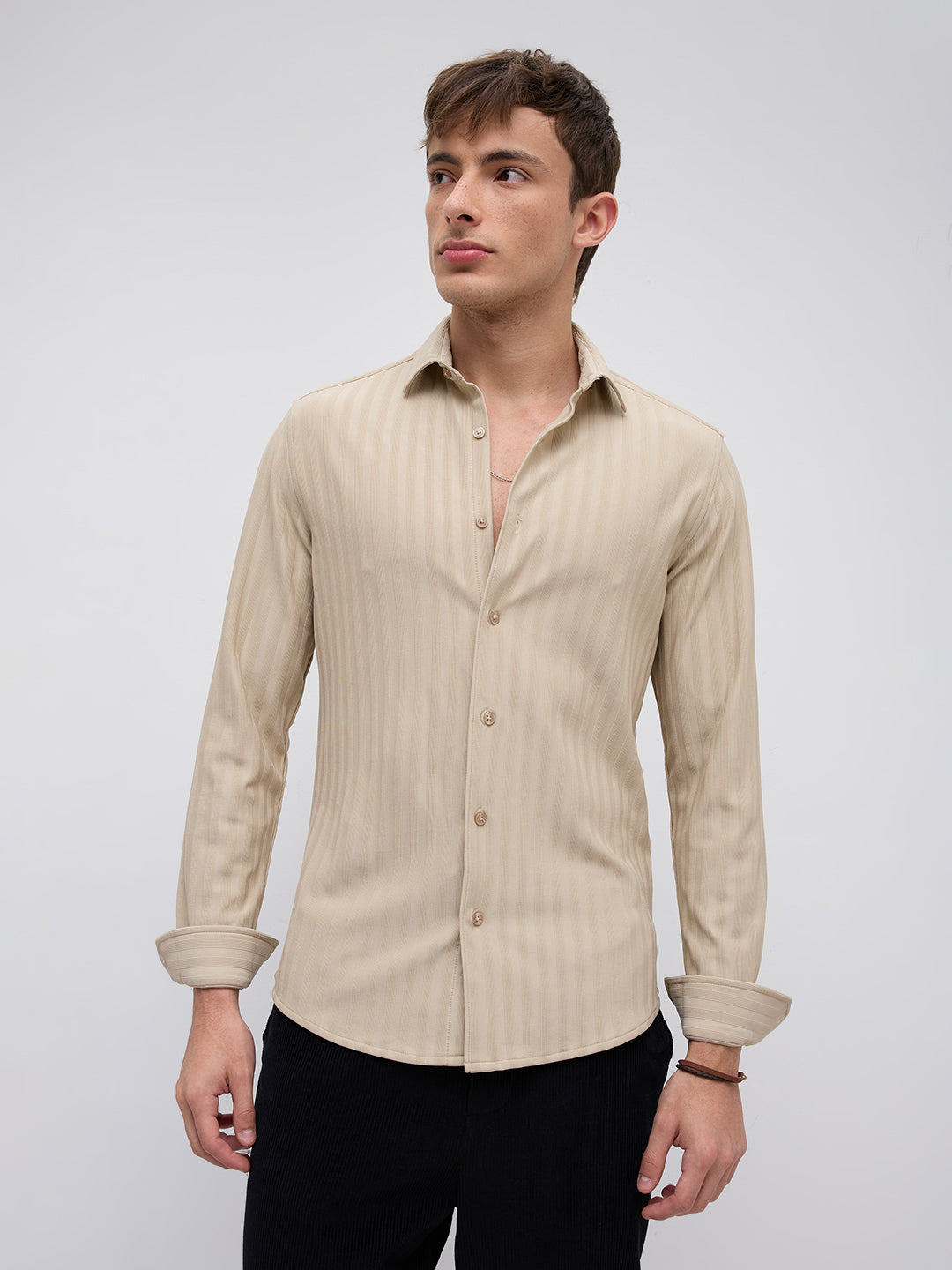 Sandstone Linear Rised Striped Textured Shirt