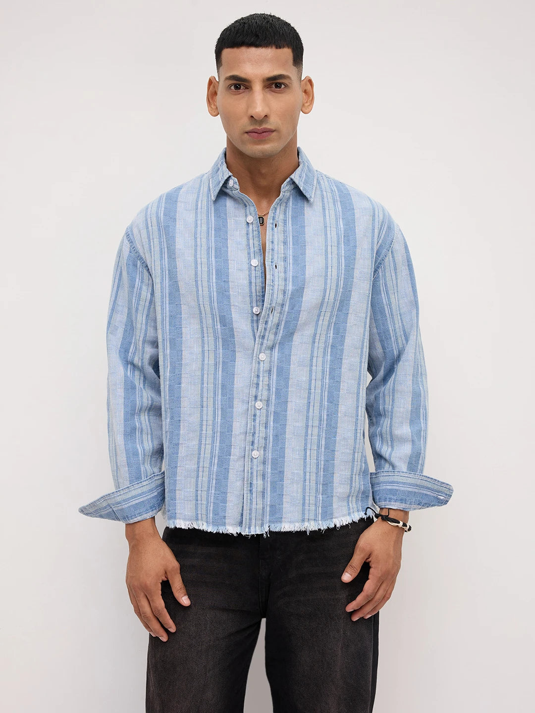 Distressed Hem Denim Blue Variegated Striped Boxy Fit Crop Shirt