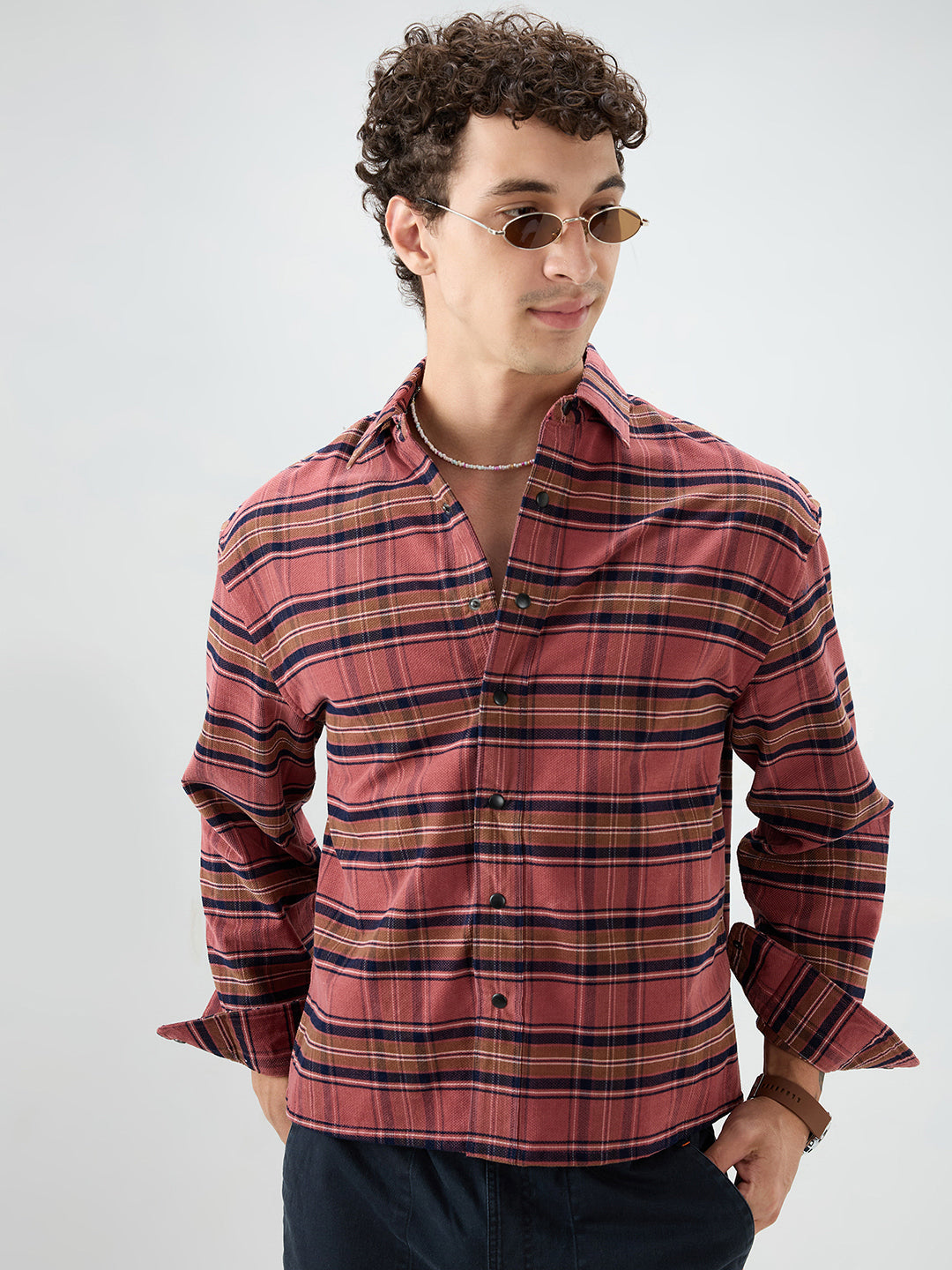 Rosewood Plaid Checks Boxy Fit Crop Cord Shirt