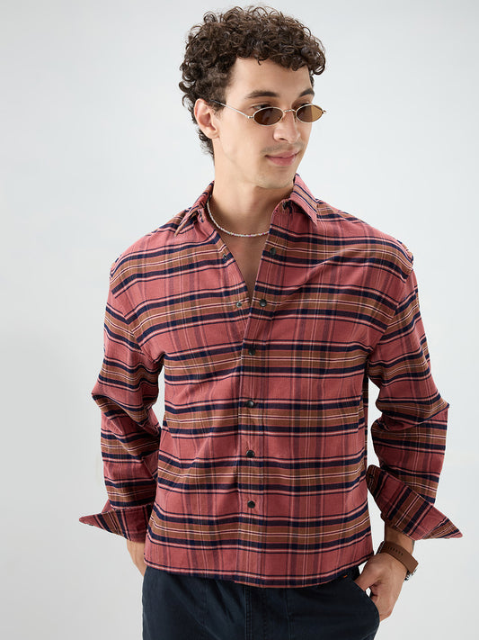 Rosewood Plaid Checks Boxy Fit Crop Cord Shirt