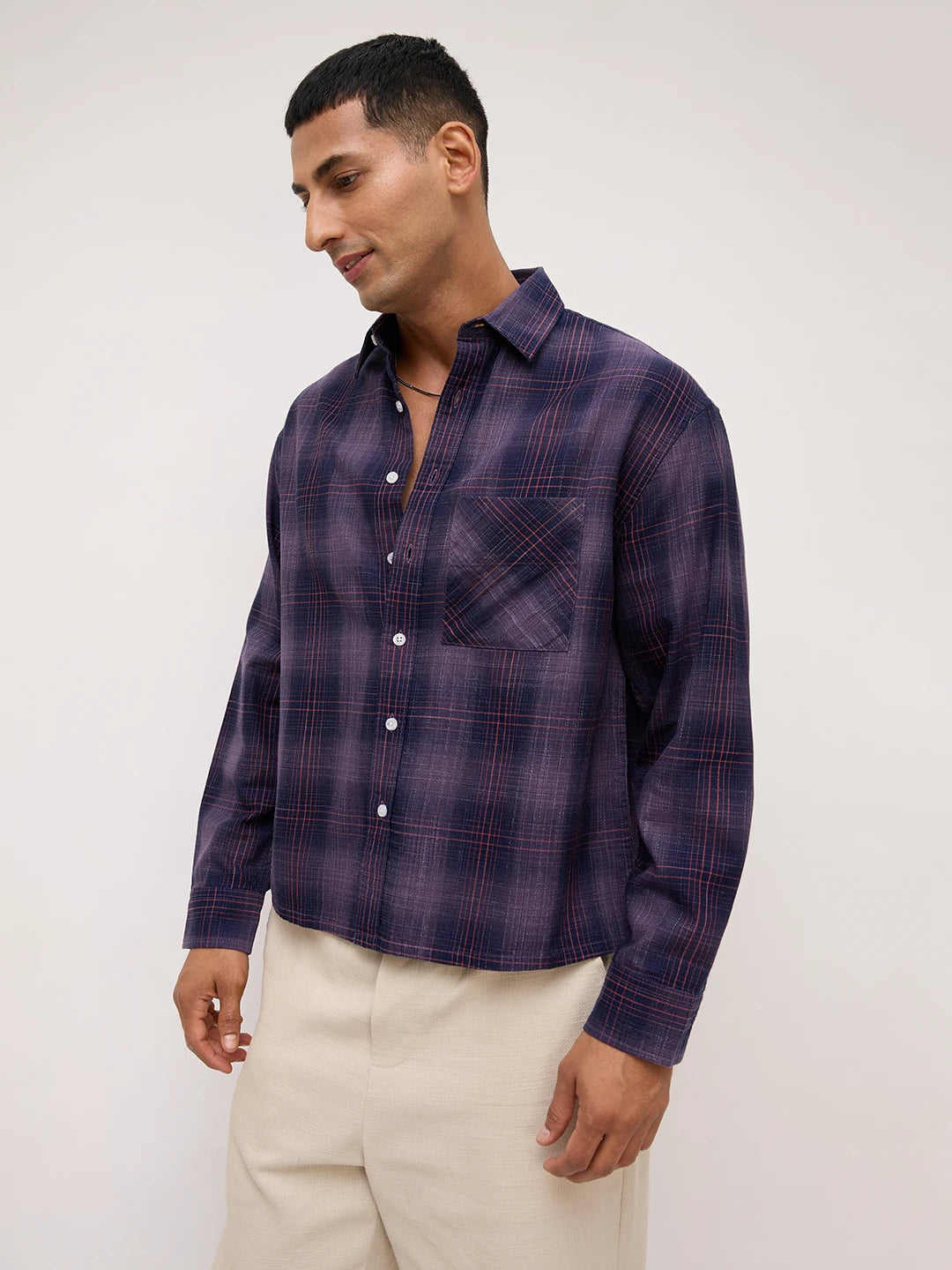 Iconic Purple & Copper Plaid Checks Boxy Fit Crop Shirt